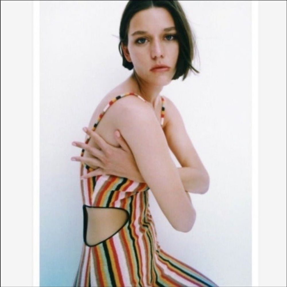 Zara Knit Terrycloth Striped Jumpsuit Womens Side Cut Out Rainbow Cotton - Picture 3 of 11